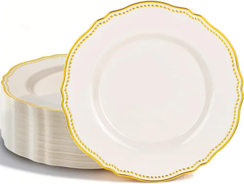 Miniatura 13 de Hioasis 100 piezas Platos de plástico blancos - Platos de cena desechables blancos de 10.25 pulgadas, Platos de cena de plástico, elegantes