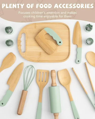 Miniatura 4 de Juego de cocina Montessori de madera para niños, herramientas de cocina reales y utensilios para hornear, kit de cocina de 15 piezas para niños
