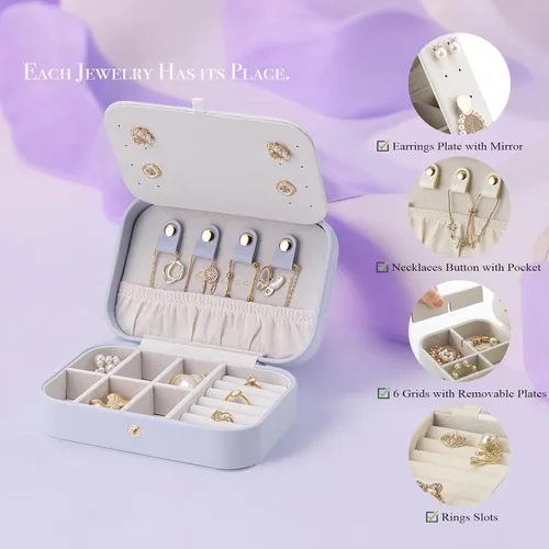 Miniatura 3 de Vlando Pequeño organizador de joyero de viaje Joyas espejadas, collares, anillos, aretes, collar, estuche de almacenamiento para niñas, mujeres