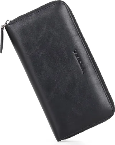 VISOUL Cartera larga de cuero con cremallera para hombres y mujeres con bloqueo RFID, cartera larga de embrague grande con cremallera, Negro -,