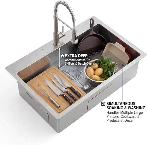 Miniatura 5 de VAPSINT Fregadero Fregadero de cocina de 28 pulgadas, fregadero de cocina de acero inoxidable T304 de calibre 16 de 28 x 18 pulgadas, 9 pulgadas