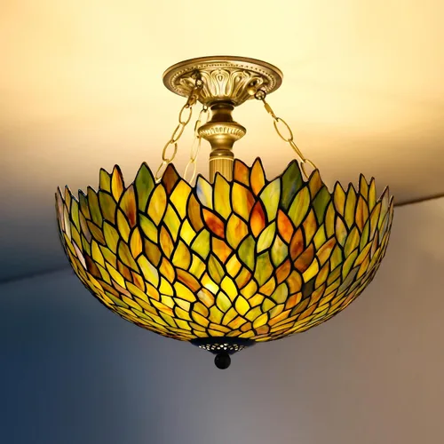 Miniatura 2 de Lámpara de techo Tiffany con vidrieras verdes de glicinia, montaje semi empotrado, lámpara amplia de 16 pulgadas de ancho y 15 pulgadas de altura