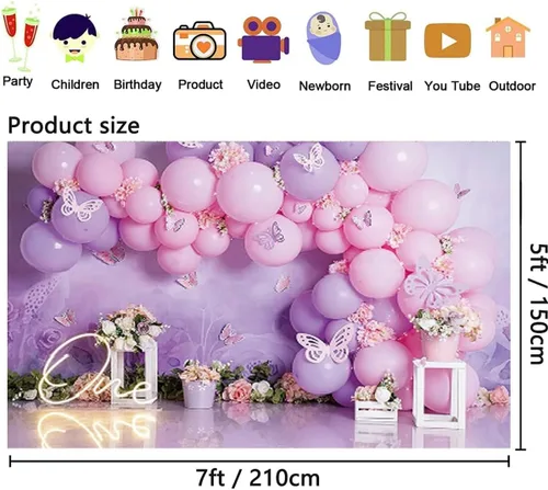 Miniatura 6 de Fondo de fotografía para fiesta de cumpleaños de niña, globos rosas y morados, mariposa, país de las maravillas, baby shower, flores, fondo