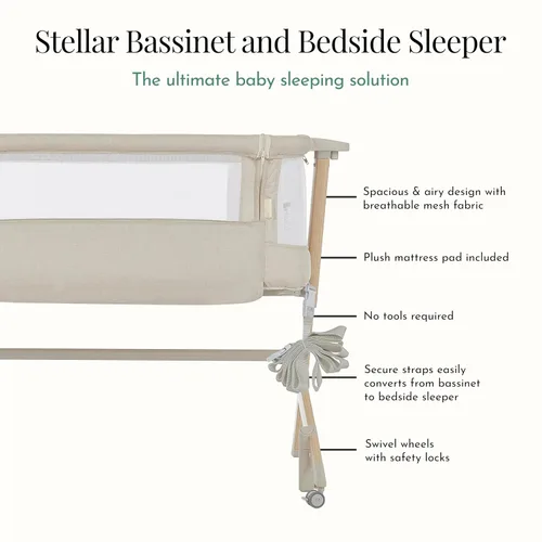 Miniatura 5 de Evolur Moisés estelar y cama de noche, fácil de plegar y transportar, ligero y portátil, altura ajustable, almohadilla de colchón incluida, beige