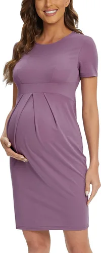 Miniatura 4 de AONESX Elegante vestido de maternidad de manga corta para uso casual, trabajo, vestido de baby shower, vestido de maternidad para sesión de fotos