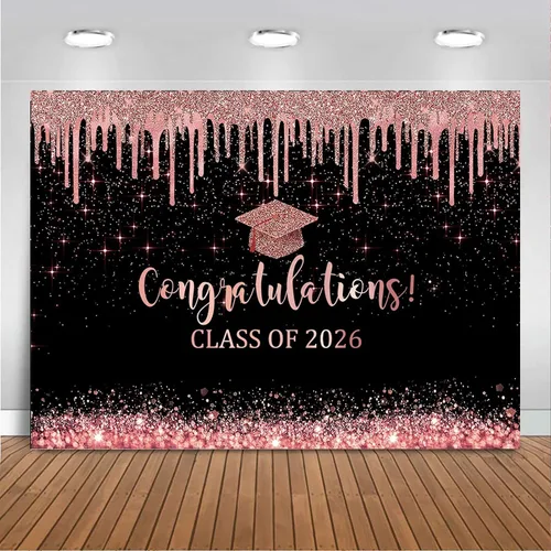 Miniatura 14 de Mocsicka Fondo de graduación de 7 x 5 pies 2026, decoraciones de graduación negro y dorado, pancarta de felicitaciones de graduación 2026, fondo