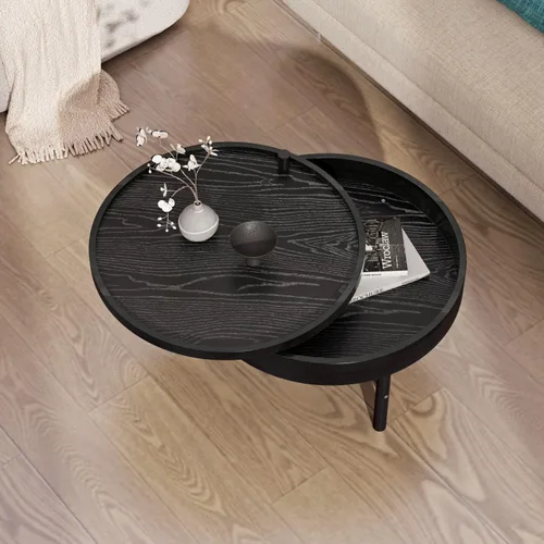 Miniatura 27 de KEVINSPACE Mesa auxiliar negra con borde dorado en la parte inferior, mesa de centro redonda para espacios pequeños, mesa auxiliar de madera mesita