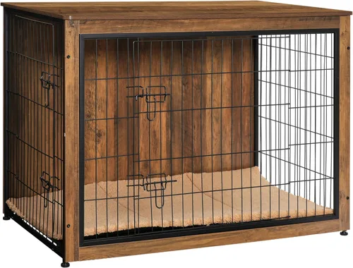 Miniatura 22 de DWANTON Mueble de jaula para perros con cojín, mesa de madera para perros con puertas dobles, casa de perro de interior, tamaño pequeño, mediano