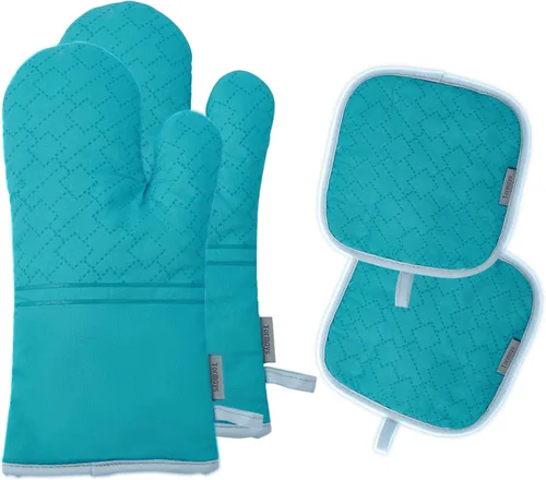 Juego de 4 guantes de horno y soportes para ollas, resistentes al calor 572F, forro de algodón suave con superficie antideslizante para cocina,