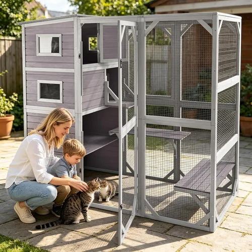 Miniatura 11 de Wooden Catio Outdoor Cat - Amplio condominio para gatos con 7 plataformas de escalada, 2 acogedoras casas de siestas, panel de ventana expandible