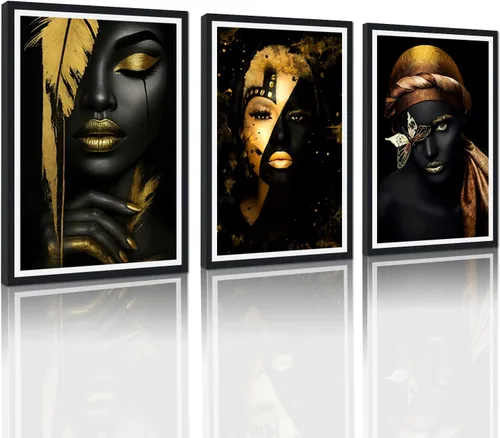 Miniatura 27 de MAMAGO Lienzo decorativo para pared, pintura de belleza dorada y negra, fotos de mujeres africanas, hermosos pósteres de mujer negra, impresiones