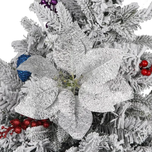 YYCRAFT 12 flores artificiales de seda brillante con purpurina para decoración de árbol de Navidad (plata, 8 pulgadas)