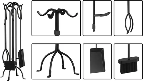 Miniatura 6 de Fire Beauty Juego de herramientas para chimenea de 5 piezas, juego de herramientas de hierro forjado resistente, color negro