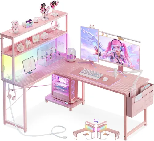 Miniatura 11 de AODK Escritorio en forma de L para juegos con luz LED y toma de corriente, mesa de computadora reversible en forma de L de 53 pulgadas con estante