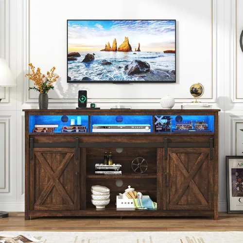 Miniatura 2 de Soporte de TV LED Estilo Casa de Campo para TVs de 65 pulgadas, Centro de Entretenimiento Rústico Soportes de Gabinete de TV con Tomas de Corriente