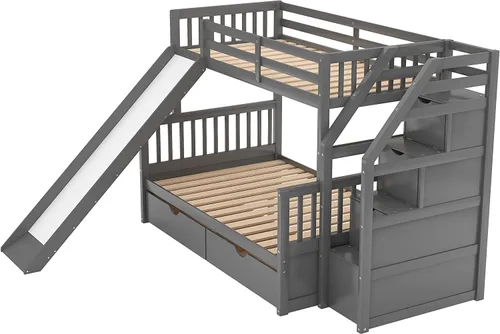 Miniatura 4 de DNYN Cama alta de tamaño matrimonial con escritorio, estantes y escalera para niños y adultos, marco de cama de madera maciza, cama alta