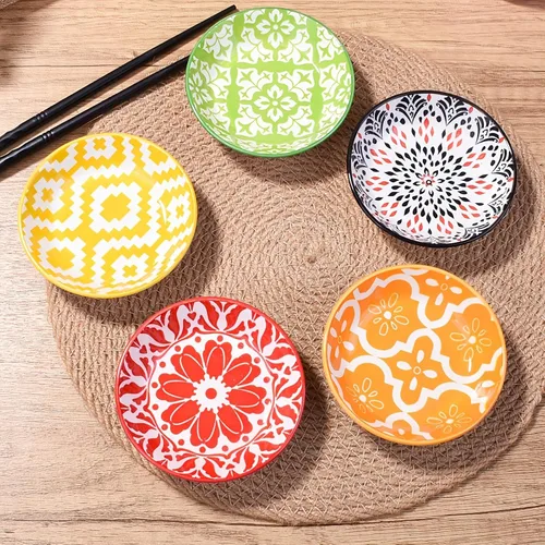 Miniatura 3 de Juego de 5 platos de cerámica para salsas, cuencos pequeños bohemios, coloridos platos geométricos y florales para salsa de soja, aptos