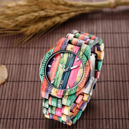 Miniatura 2 de Relojes de madera para hombre hechos a mano coloridos de madera de bambú analógico de cuarzo para hombre reloj de madera