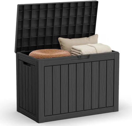 Miniatura 12 de Caja de cubierta para exteriores de 120 galones, cajas de almacenamiento impermeables con cerradura para herramientas de jardín, cojines de Gris