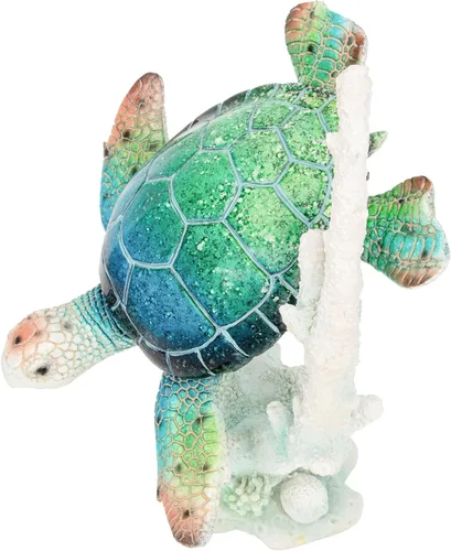 Miniatura 17 de Estatua de tortuga marina triples nadando sobre base de arrecife de coral, figura de polystone inspirada en el océano para decoración del hogar Azul