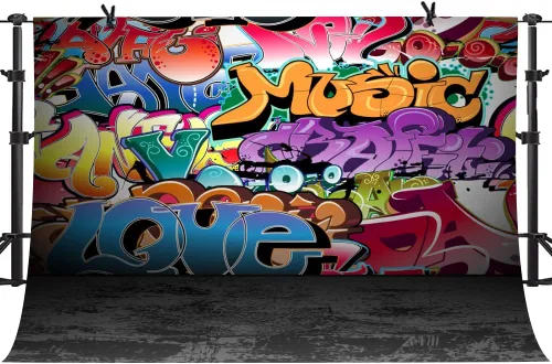 Miniatura 7 de Telones de fondo de fotografía de graffiti de 5 x 3 pies, colorido hip hop urbano temática sesión de fotos de regreso a la fiesta temática
