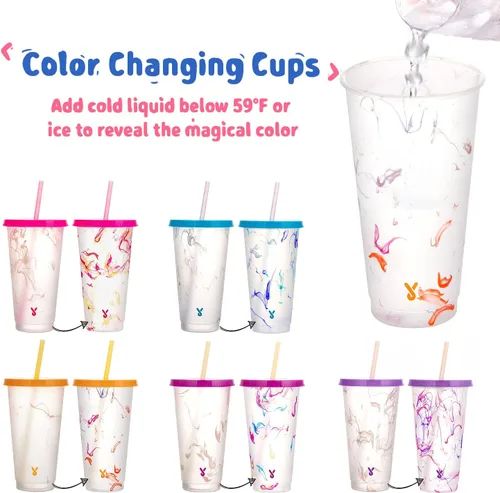 Miniatura 2 de Meoky Vasos fríos que cambian de color con tapas y popotes, paquete de 5 vasos de plástico de 24 oz a granel, reutilizables para fiestas de niños
