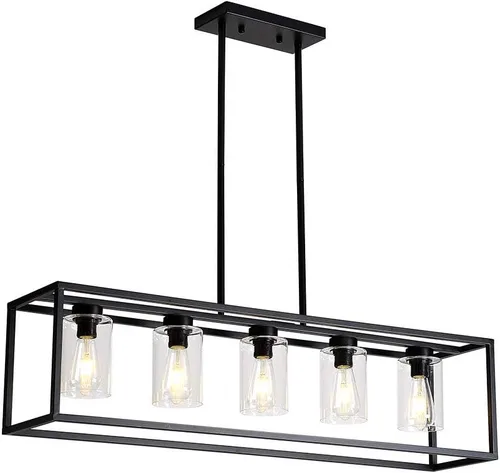 Miniatura 16 de XILICON - Lámpara colgante de comedor estilo granja de níquel cepillado, 5 luces, moderna, lámpara colgante contemporánea con pantalla de cristal