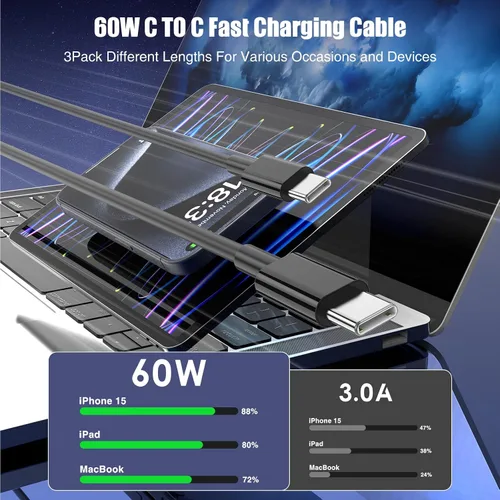 Miniatura 2 de Pack de 3 cables negros [1 mt + 2 mt + 3 mt] 60 W USB C a USB C, cable de carga rápida tipo C para iPhone 17 16e 16 15 Pro Plus Pro Max, para Galaxy