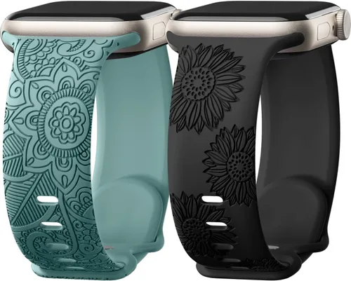 Odbeai Correa deportiva de silicona suave con grabado floral compatible con Apple Watch de 1.496 pulgadas, 1.575 pulgadas, 1.614 pulgadas, 1.654