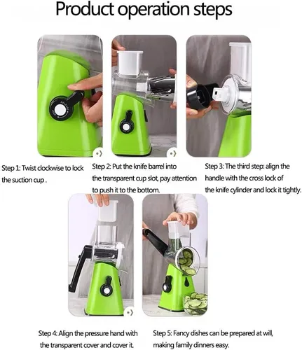 Miniatura 3 de Rallador manual giratorio de patatas para cocina, mandolina, cortador de verduras, con 3 cuchillas intercambiables, fácil de usar (verde)