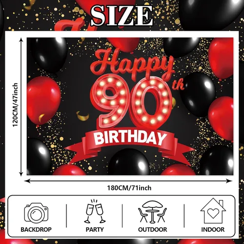 Miniatura 2 de Cartel de feliz cumpleaños 90, fondo rojo y negro, decoración de telón de fondo con globos, tema para niñas, mujeres, princesas, decoración