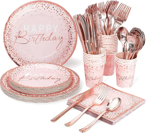 175 piezas de platos y servilletas de feliz cumpleaños, suministros de fiesta, tenedores de papel rosa y plástico oro rosa, cuchillos, cucharas para