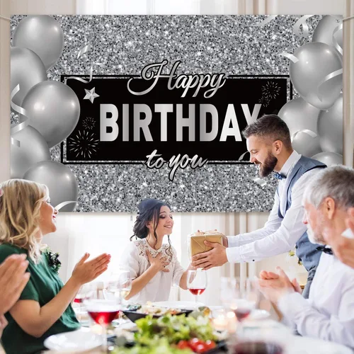 Miniatura 3 de Sumind Cartel de feliz cumpleaños negro y plateado para decoración de fiesta de cumpleaños para hombres y mujeres, suministros de decoración