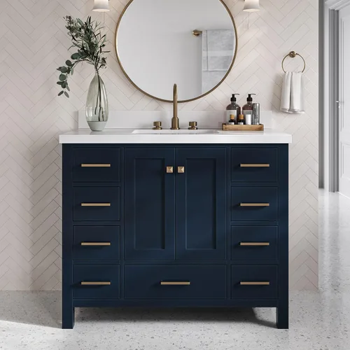 Miniatura 9 de DKB Isabella - Mueble de baño negro de 42 pulgadas con fregadero, lavabo rectangular, encimera de cuarzo blanco puro y protector contra salpicaduras