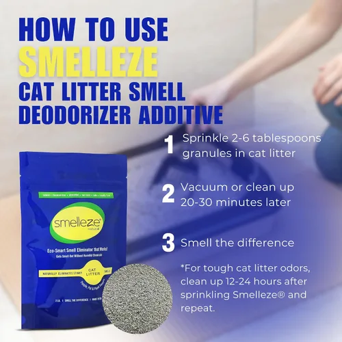 Miniatura 5 de SMELLEZE Aditivo desodorante eliminador de olores de arena natural para gatos: 2 lb. Elimina fuerte olor a orina y hedor de excrementos. Cambia