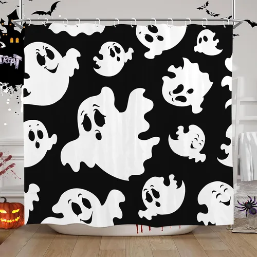 Bonita cortina de ducha de Halloween, fantasmas divertidos y espeluznantes, juego de cortina de ducha de poliéster blanco y negro con 12 ganchos,