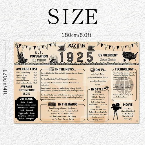 Miniatura 2 de Cartel de fondo grande de pared con texto en inglés "Back in 1925", estilo retro, feliz 101 cumpleaños, boda, aniversario, 101 años, reunión