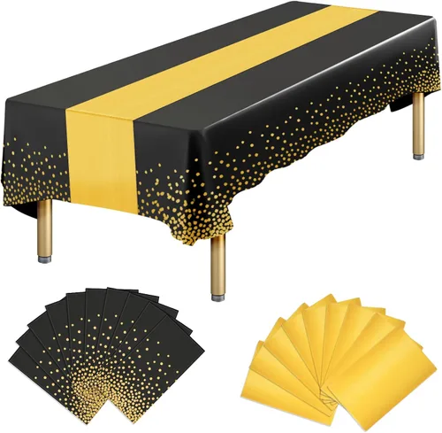 Miniatura 13 de Paquete de 10 manteles rectangulares de plástico y camino de mesa de satén, mantel desechable negro rectangular y dorado para cumpleaños