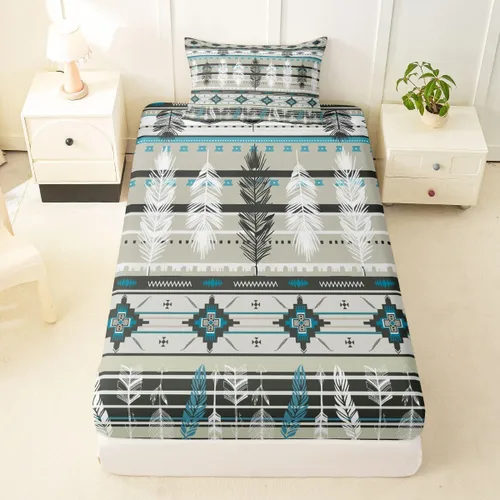 Miniatura 72 de Juego de ropa de cama occidental tamaño individual, sábanas aztecas, estilo nórdico exótico, bohemio, sábana bajera ajustable de tribu india