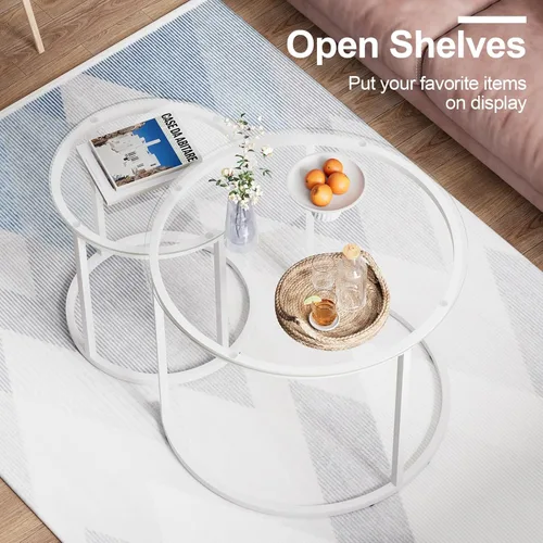 Miniatura 7 de aboxoo Juego de 2 mesas de cristal anidables blancas, pequeñas mesas redondas de vidrio para sala de estar, dormitorio, mesa de té decorativa