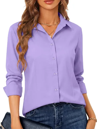 Miniatura 35 de BBIBBI Camisa de vestir elástica de manga larga con botones para mujer, blusa de trabajo casual de negocios (clásica, recortada y alta)