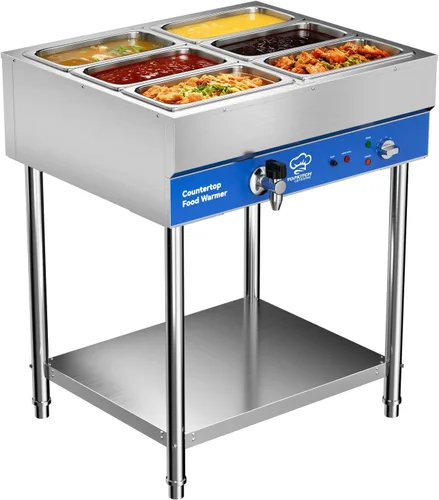 Miniatura 8 de TOPKITCH Calentador de alimentos comercial de 6 bandejas, Baño María eléctrico de acero inoxidable para encimera, mesa de vapor para buffet