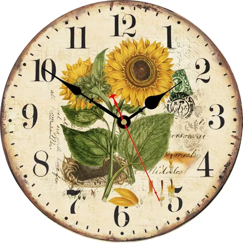 TAHEAT Reloj de pared de girasol de verano de 8 pulgadas, relojes retro rústicos florales a pilas, reloj decorativo de madera fácil de leer para el