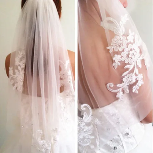 Miniatura 2 de Kercisbeauty Bordado de encaje nupcial hueco flor blanco y marfil velo gota boda con peine de pelo cuentas de cristal ancho velo capilla velo de una