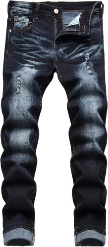 Junbaoss - Jeans elásticos ajustados para hombre pantalones de mezclilla ajustados rasgados para hombre pantalones de cintura flexible de pierna