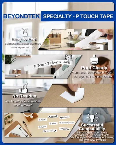 Miniatura 7 de 3PK Reemplazo para cinta de etiquetas de Brother Label Maker 12mm 0.47 Blanco Compatible con Brother P Touch TZe TZ Cinta 12mm 0.47 laminada blanca