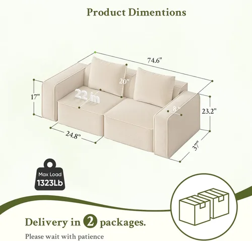 Miniatura 2 de Welzona loveseat - Sofá biplaza de felpilla cómodo de 75 pulgadas, sofás pequeños para espacios pequeños, sofá biplaza moderno de 2 plazas, sofás