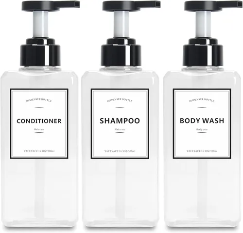 YACAYACE - Juego de dispensador de champú y acondicionador transparente de 16.9 onzas, botellas de jabón recargables para ducha
