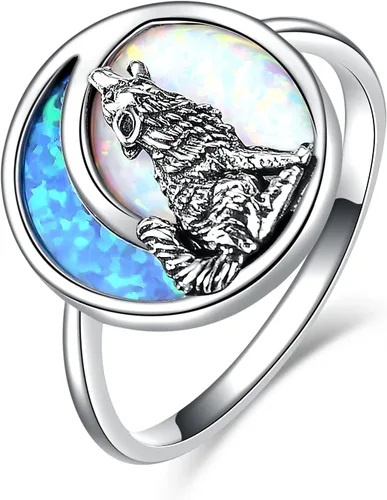POPKIMI Anillos de lobo de plata de ley de ópalo para mujer, joyería de lobo de ópalo, luna, lobo, regalos de lobo aullador, joyería para amantes