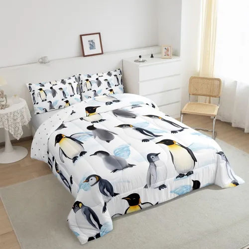 Miniatura 5 de Erosebridal Juego de ropa de cama de pingüinos de dibujos animados, tamaño matrimonial, juego de edredón de pingüinos lindos y divertidos, juego
